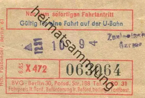 Deutschland - Berlin - Gültig für eine Fahrt auf der U-Bahn - Fahrschein 1965 - Zoologischer Garten