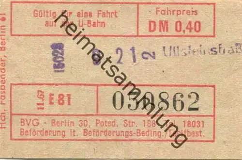 Deutschland - Berlin - U-Bahn Fahrschein BVG-Berlin 1967 - Ullsteinstraße