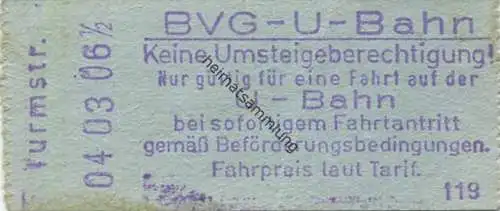 Deutschland - Berlin - BVG U-Bahn - U-Bahn Fahrschein - Kleistpark - rückseitig Zudruck BVG-Adresse und Fahrpreis