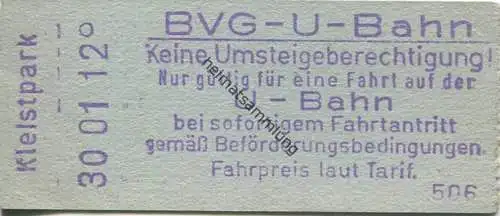 Deutschland - Berlin - BVG U-Bahn - U-Bahn Fahrschein - Turmstrasse - rückseitig Zudruck BVG-Adresse und Fahrpreis