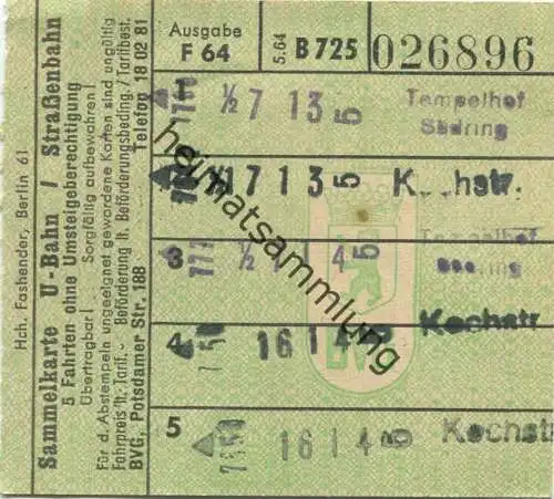 Deutschland - Berlin - BVG Sammelkarte U-Bahn / Strassenbahn 5 Fahrten ohne Umsteigeberechtigung 1964 - rückseitig Werbu