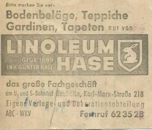 Deutschland - Berlin - BVG Sammelkarte Autobus / Obus - 4 Fahrten ohne Umsteigeberechtigung 1961 - rückseitig Werbung Li