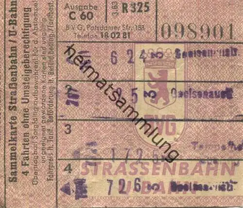 Deutschland - Berlin - BVG - Sammelkarte - Strassenbahn / U-Bahn 4 Fahrten ohne Umsteigeberechtigung 1962