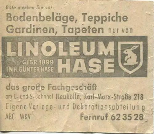 Deutschland - Berlin - BVG - Sammelkarte - Strassenbahn / U-Bahn 4 Fahrten ohne Umsteigeberechtigung 1962