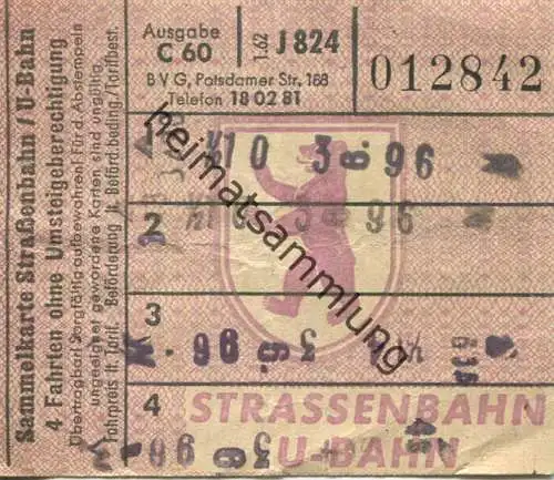 Deutschland - Berlin - BVG - Sammelkarte - Strassenbahn / U-Bahn 4 Fahrten ohne Umsteigeberechtigung 1962