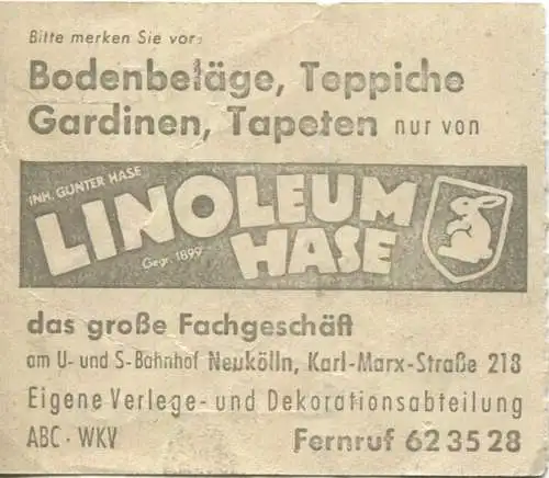 Deutschland - Berlin - BVG Sammelkarte Autobus / Obus - 4 Fahrten ohne Umsteigeberechtigung 1961 - rückseitig Werbung Li