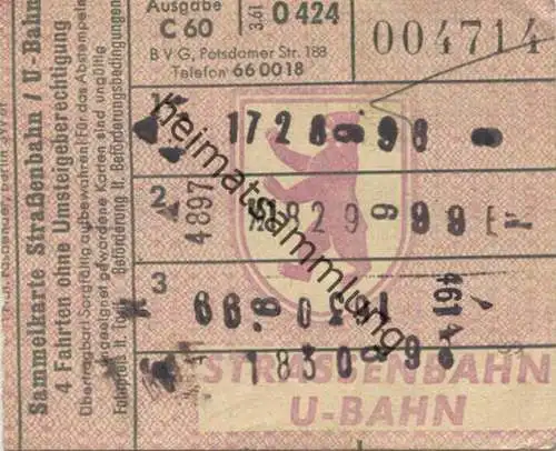 Deutschland - Berlin - BVG - Sammelkarte - Strassenbahn / U-Bahn 4 Fahrten ohne Umsteigeberechtigung 1961 - rückseitig W