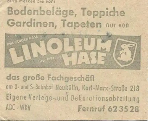 Deutschland - Berlin - BVG - Sammelkarte - Strassenbahn / U-Bahn 4 Fahrten ohne Umsteigeberechtigung 1961 - rückseitig W