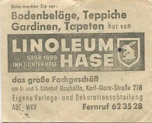 Deutschland - Berlin - BVG Sammelkarte Autobus / Obus - 4 Fahrten ohne Umsteigeberechtigung 1961 - rückseitig Werbung Li