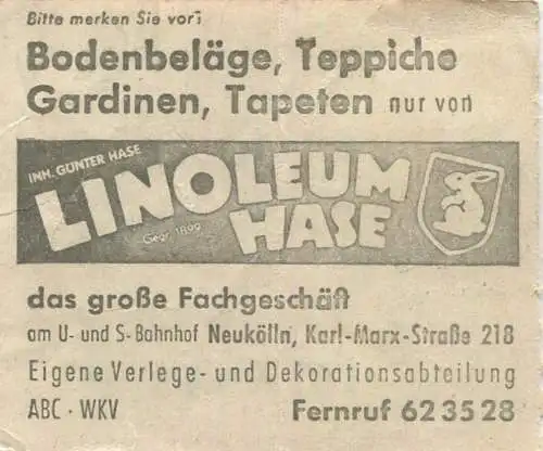 Deutschland - Berlin - Sammelkarte - Strassenbahn / U-Bahn 4 Fahrten ohne Umsteigeberechtigung 1960 - rückseitig Werbung