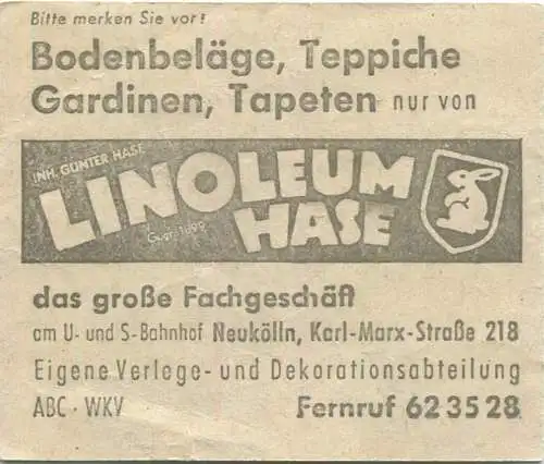 Deutschland - BVG Sammelkarte Autobus / Obus - 4 Fahrten ohne Umsteigeberechtigung 1960 - rückseitig Werbung Linoleum Ha
