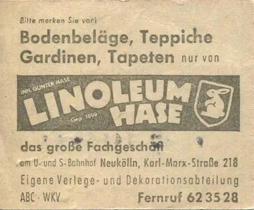Deutschland - Berlin - BVG Sammelkarte - Strassenbahn / U-Bahn 4 Fahrten ohne Umsteigeberechtigung 1959 - rückseitig Wer