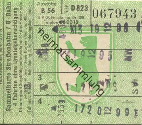 Deutschland - Berlin - BVG - Sammelkarte - Strassenbahn / U-Bahn 4 Fahrten ohne Umsteigeberechtigung 1959 - rückseitig W