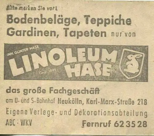 Deutschland - Berlin - BVG - Sammelkarte - Strassenbahn / U-Bahn 4 Fahrten ohne Umsteigeberechtigung 1959 - rückseitig W