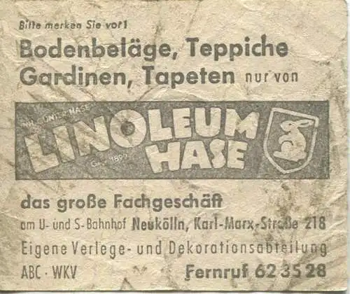 Deutschland - Berlin - BVG Sammelkarte Autobus / Obus - 4 Fahrten ohne Umsteigeberechtigung 1958 - rückseitig Werbung Li