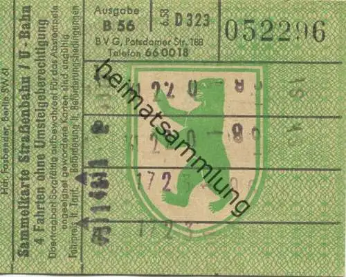 Deutschland - Berlin - BVG - Sammelkarte - Strassenbahn / U-Bahn 4 Fahrten ohne Umsteigeberechtigung 1958 - rückseitig W