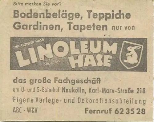 Deutschland - Berlin - BVG - Sammelkarte - Strassenbahn / U-Bahn 4 Fahrten ohne Umsteigeberechtigung 1958 - rückseitig W