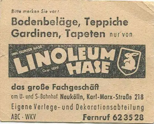 Deutschland - Berlin - BVG - BVG Sammelkarte Autobus / Obus - 4 Fahrten ohne Umsteigeberechtigung 1957 - rückseitig Werb