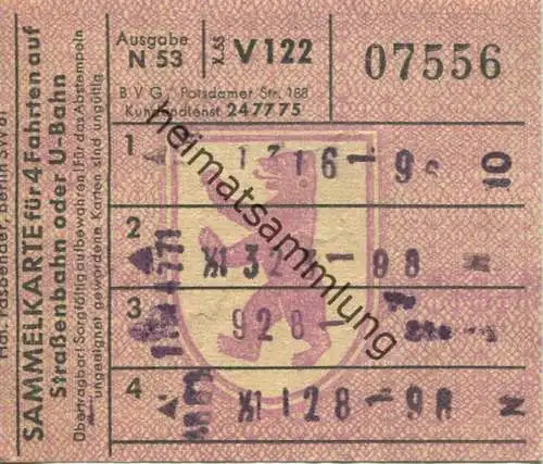 Deutschland - Berlin - BVG - Sammelkarte für 4 Fahrten auf Strassenbahn oder U-Bahn 1955