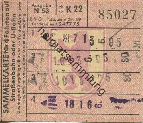 Deutschland - Berlin - BVG - Sammelkarte für 4 Fahrten auf Strassenbahn oder U-Bahn 1954