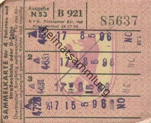 Deutschland - Berlin - BVG - Sammelkarte für 4 Fahrten auf Strassenbahn oder U-Bahn 1953