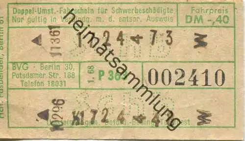 Deutschland - Berlin - BVG Doppel-Umsteige-Fahrschein für Schwerbeschädigte 1968