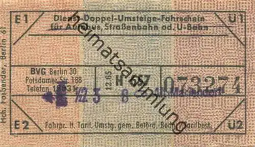 Deutschland - Berlin - BVG Dienst-Doppel-Umsteige-Fahrschein 1965