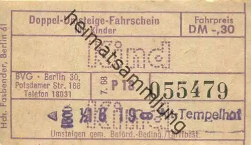 Deutschland - Berlin - BVG Doppel-Umsteige-Fahrschein für Kinder 1968
