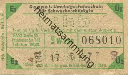 Deutschland - Berlin - BVG Doppel-Umsteige-Fahrschein für Schwerbeschädigte 1966