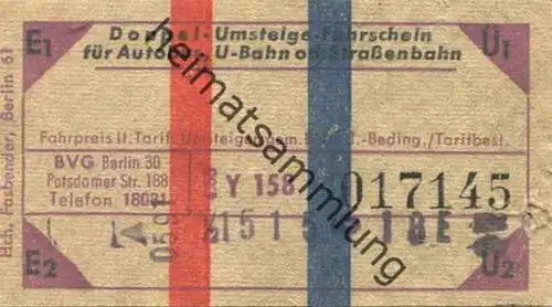 Deutschland - Berlin - BVG Doppel-Umsteige-Fahrschein 1967