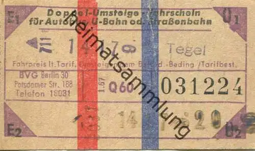 Deutschland - Berlin - BVG Doppel-Umsteige-Fahrschein 1966