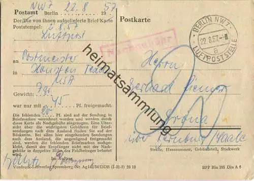 Postkarte - Forderung Nachgebühr für Auslandssendung - Berlin 1957