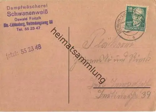 Postkarte Dampfwäscherei Schwanenweiß Berlin-Lichtenberg - 28.April 1949
