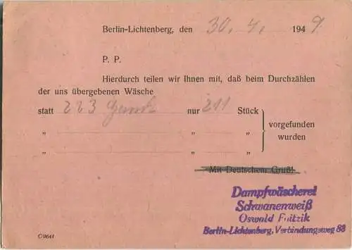 Postkarte Dampfwäscherei Schwanenweiß Berlin-Lichtenberg - 28.April 1949