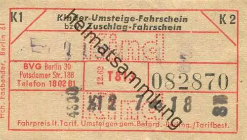 Deutschland - BVG-Fahrschein 1962 - Kinder-Umsteige-Fahrschein bzw. Zuschlag-Fahrschein