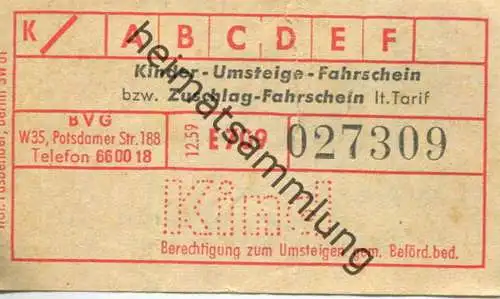 Deutschland - BVG-Fahrschein - Kinder-Umsteige-Fahrschein bzw. Zuschlag-Fahrschein 1959 - rückseitig Werbung