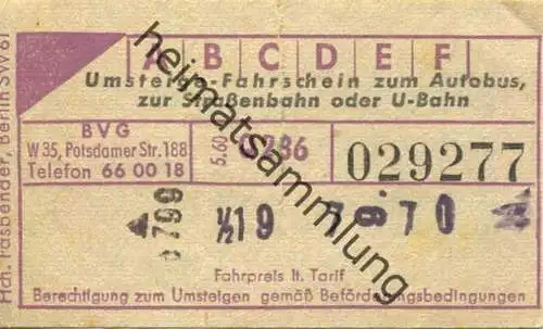 Deutschland - Berlin - BVG-Fahrschein 1960 - Umsteige-Fahrschein - rückseitig Werbung