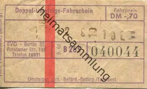 Deutschland - Berlin - BVG Doppel-Umsteige-Fahrschein - Fahrschein 1968 DM-,70