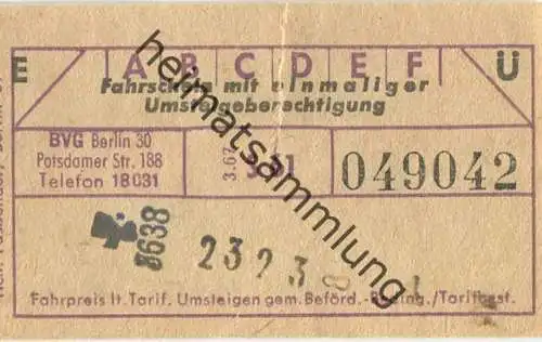 Deutschland - Berlin - BVG Umsteigefahrschein 1967 - Fahrschein mit einmaliger Umsteigeberechtigung