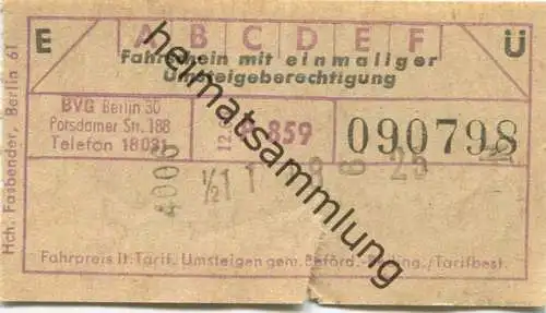 Deutschland - Berlin - BVG Umsteigefahrschein 1966 - Fahrschein mit einmaliger Umsteigeberechtigung