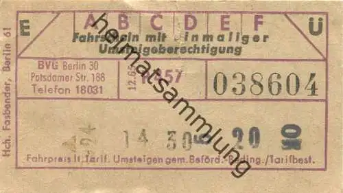 Deutschland - Berlin - BVG Umsteigefahrschein 1965 - Fahrschein mit einmaliger Umsteigeberechtigung