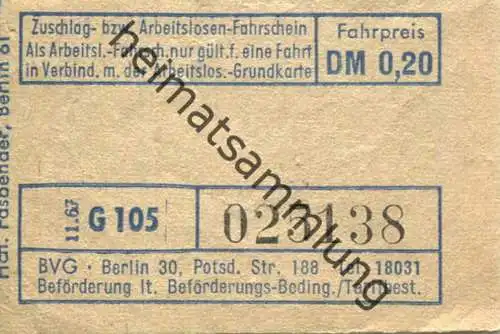 Deutschland - BVG Berlin - Zuschlag- bzw. Arbeitslosen-Fahrschein 1967