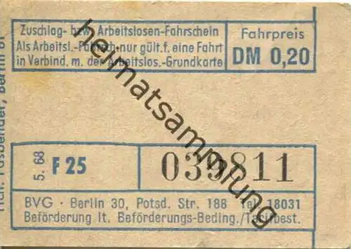 Deutschland - BVG Berlin - Zuschlag- bzw. Arbeitslosen-Fahrschein 1968
