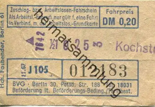 Deutschland - BVG Berlin - Zuschlag- bzw. Arbeitslosen-Fahrschein 1967