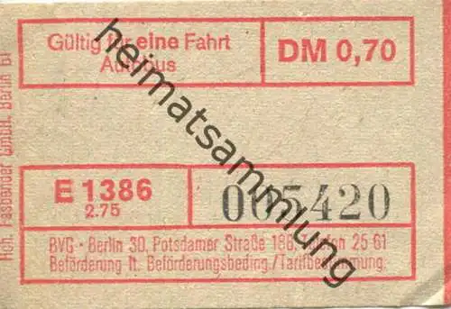 Deutschland - Berlin - BVG - Fahrschein 1975 DM 0,70 - Gültig für eine Fahrt Autobus