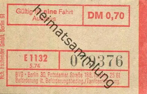 Deutschland - Berlin - BVG - Fahrschein 1974 DM 0,70 - Gültig für eine Fahrt Autobus