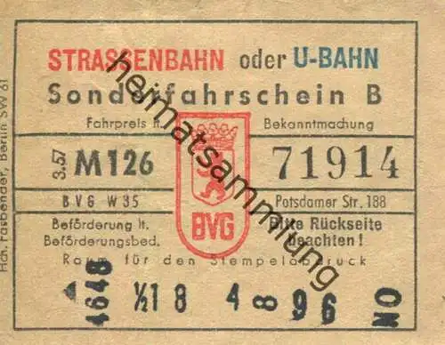 Deutschland - Berlin - BVG-Sonderfahrschein B 1957 - rückseitig: Bei Entwertung oder Kontrolle ist unaufgefordert der Os