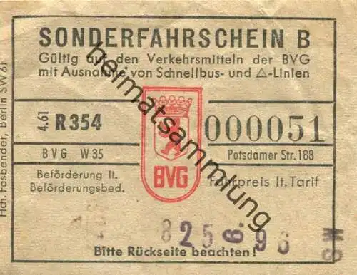 Deutschland - Berlin - BVG-Sonderfahrschein B 1961 - rückseitig: Bei Entwertung oder Kontrolle ist unaufgefordert der Os