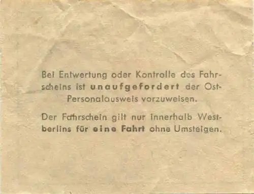 Deutschland - Berlin - BVG-Sonderfahrschein B 1961 - rückseitig: Bei Entwertung oder Kontrolle ist unaufgefordert der Os