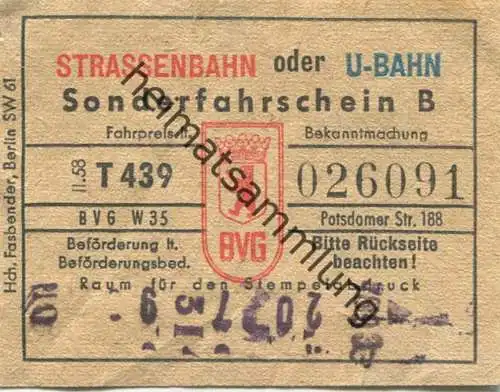 Deutschland - Berlin - BVG-Sonderfahrschein B 1958 - rückseitig: Bei Entwertung oder Kontrolle ist unaufgefordert der Os